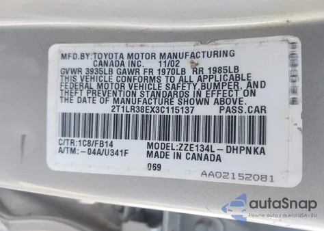 2003 Toyota Matrix Xr from USA, damaged, VIN 2T1LR38EX3C115137